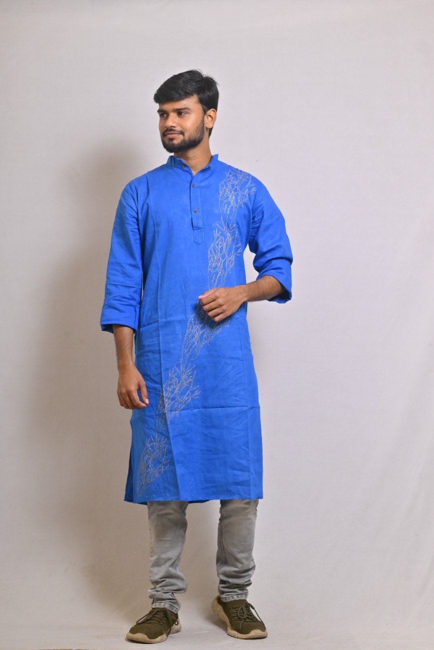 Blue Kantha Stitch Cotton Punjabi