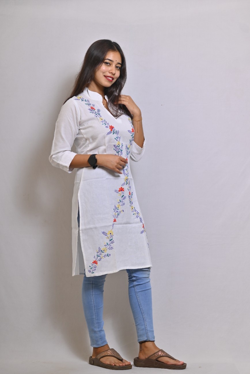 White Kantha Stitch Cotton Kurti