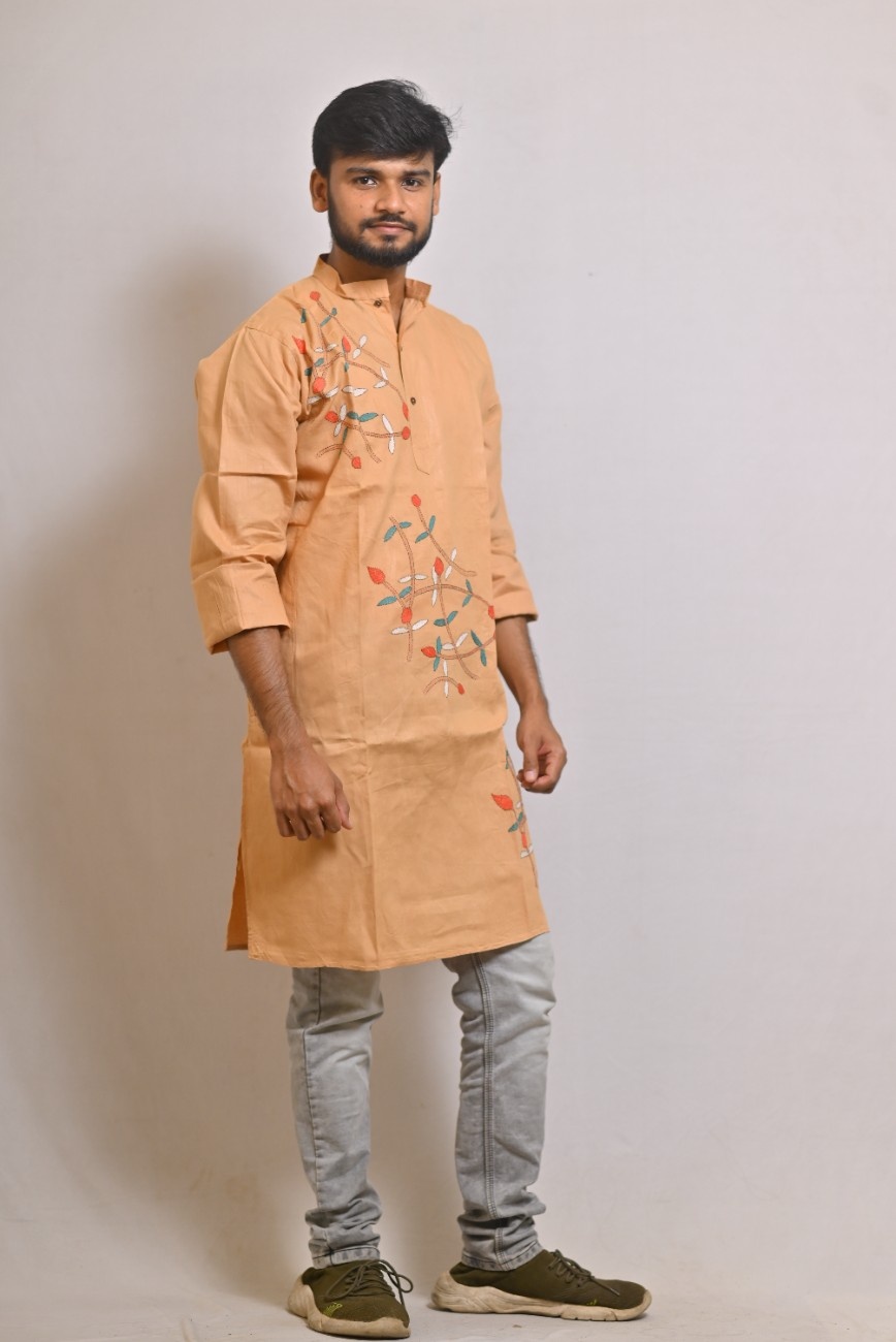 Cream Kantha embroidered punjabi