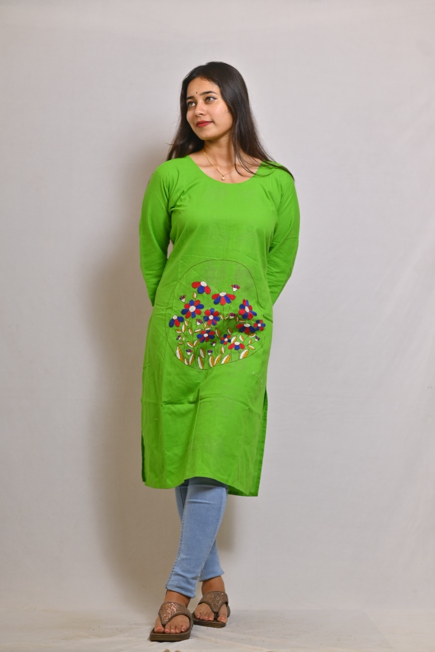 Parrot Green kantha embroidered kurti