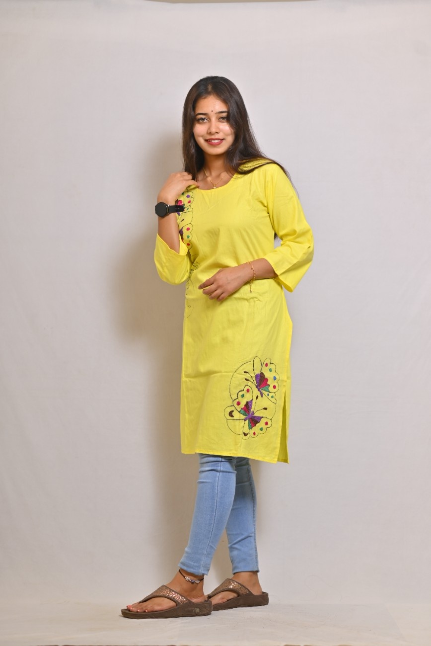 Yellow colour pure cotton kantha embroidered kurti