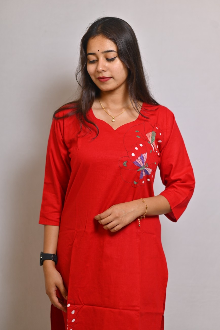 Red floral hand embroidered Cotton Kurti
