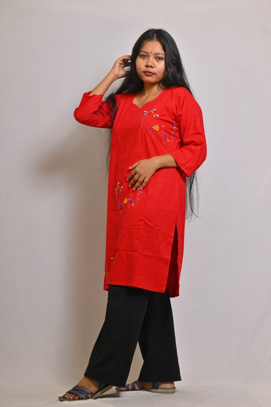 Women's Red Kantha Stitch Hand Embroidered Cotton Kurti